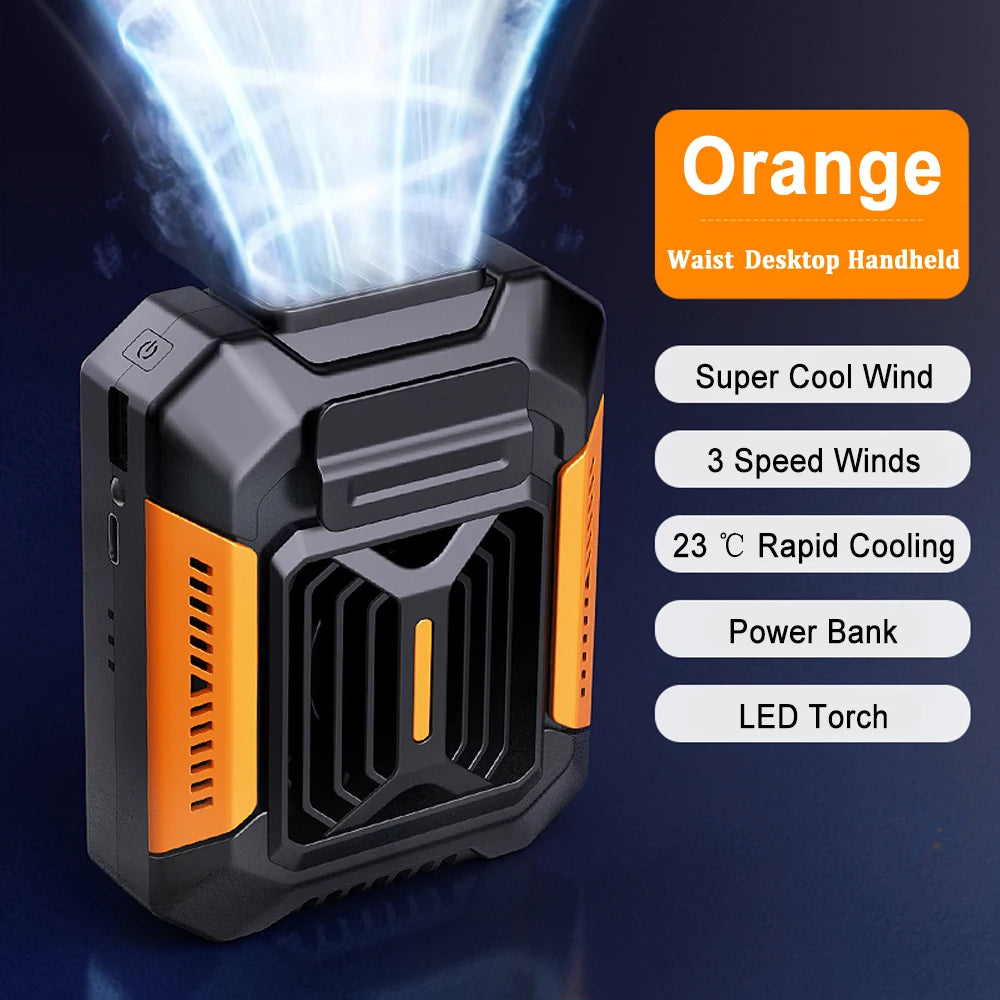 Portable Waist Clip Fan with LED Light, USB Rechargeable Mini Fan Power Bank, Green/Orange
