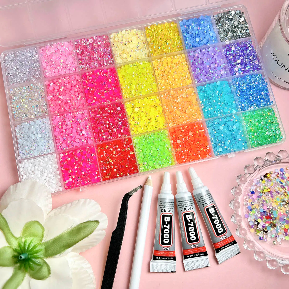 Shiny Flatback Rhinestones Kit with B 7000 Glue Tweezers Picker Pen Perfect for Nail Art,DIY Crafts,Tumbler Decor,Jewelry Pho