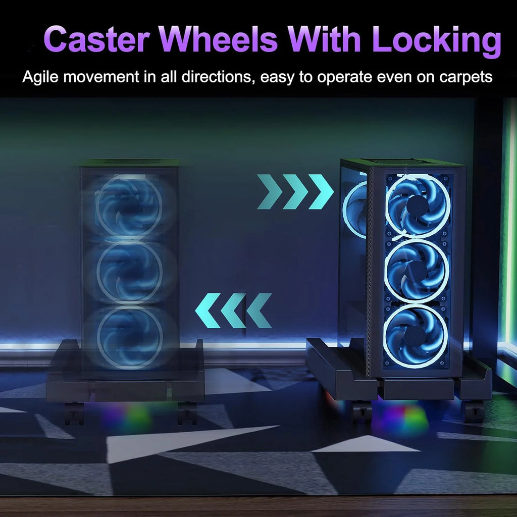 Adjustable CPU tower stand with wheels, telescopic under desk computer holder, with RGB fan