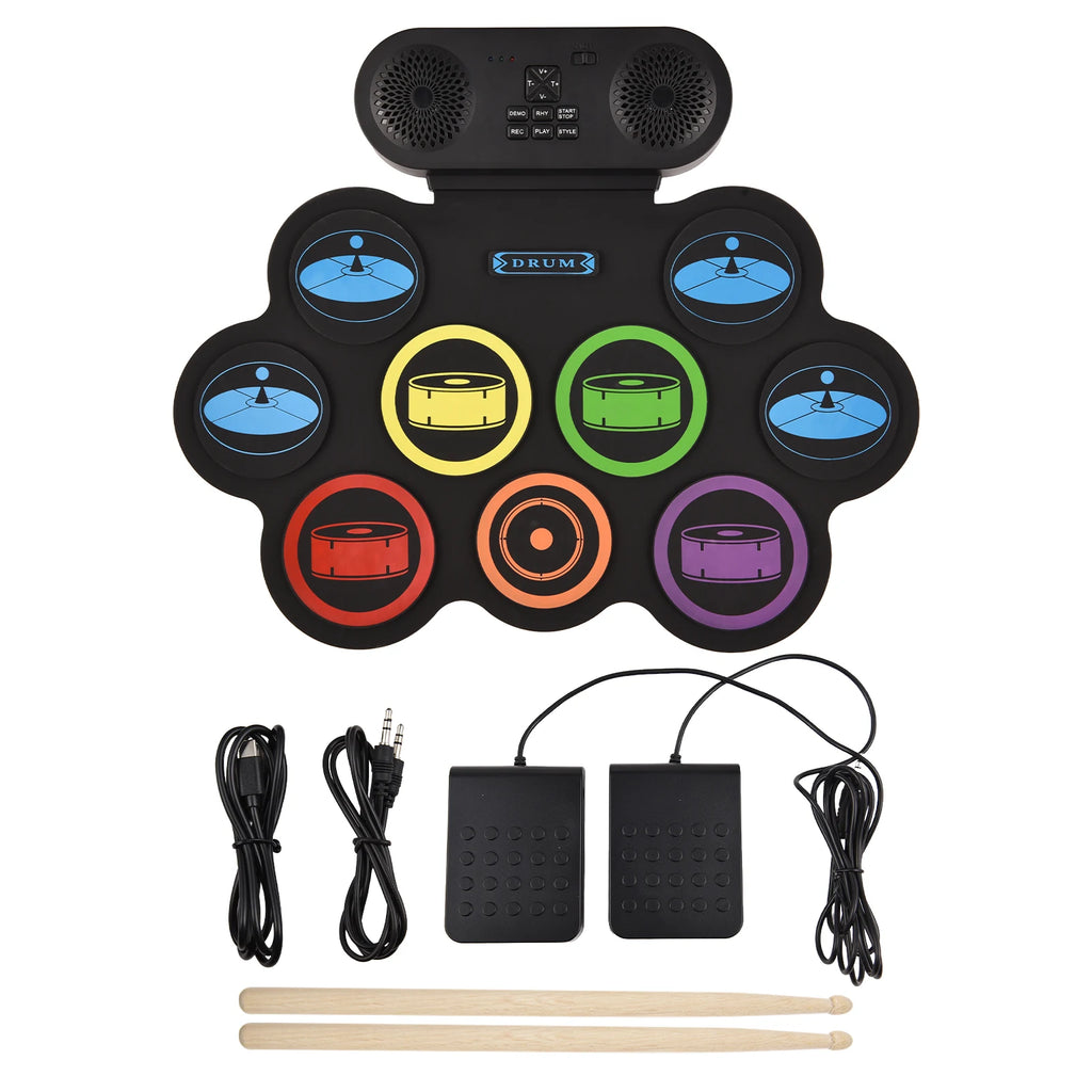 9 Pads Electronic Drum Set Hand Roll Drum Set Supports DTX Gaming/BT Dual Speaker 7 Drum Styles 6 Rhythms 10Demo Songs Pad Drum