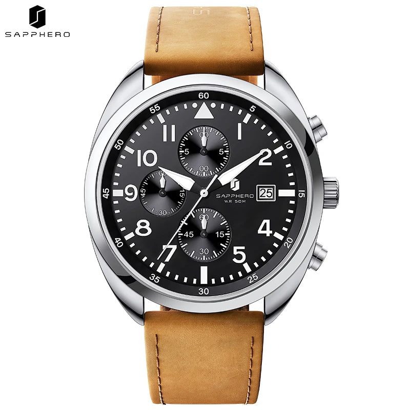 SAPPHERO Business Men's Watch Comfortable Leather Strap Water Resistant Watch with Illuminated Hands Chronograph Watch For Men