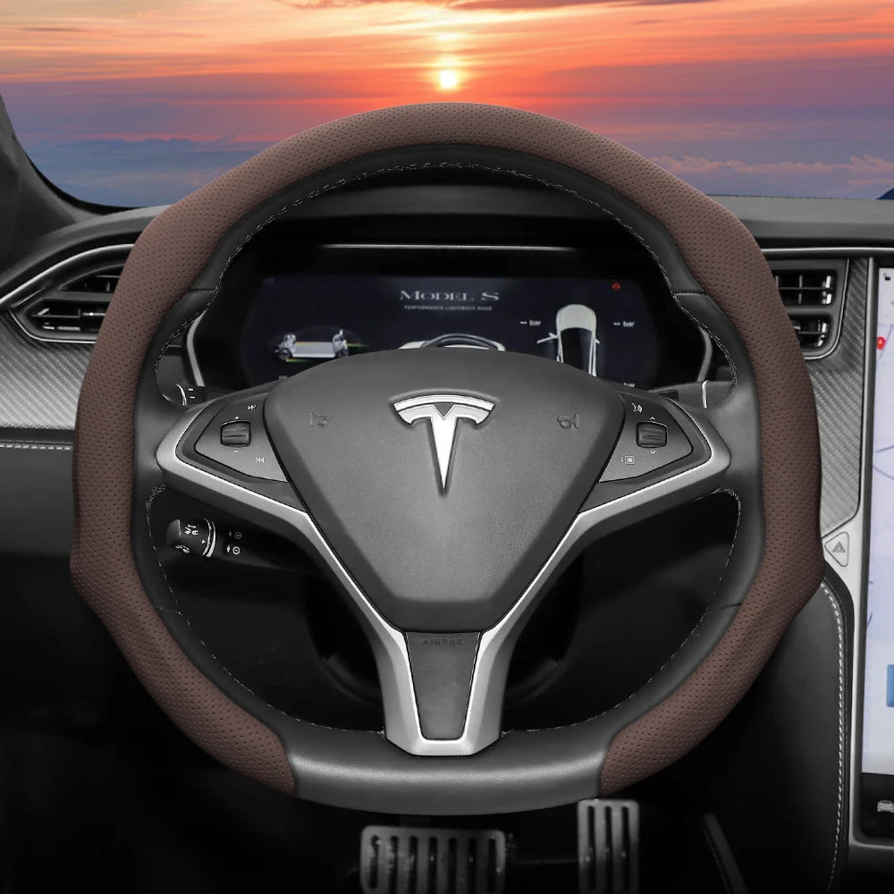 Suitable for Tesla Perforated Leather Steering Wheel Cover, Non-Slip, Sweat-Absorbent, Breathable, Integrated Snap-On Protective Case for Model 3 Y S X and Other Models, Available in Black, Orange, Red, White, Green