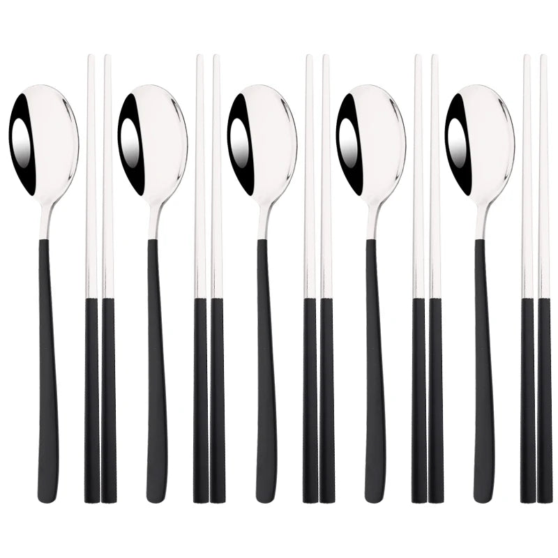 304 Stainless Steel Cutlery Set Sushi Sticks Dinner Spoons Set 10Pcs Dinnerware Korean Chopsticks Dessert Spoon Flatware Set