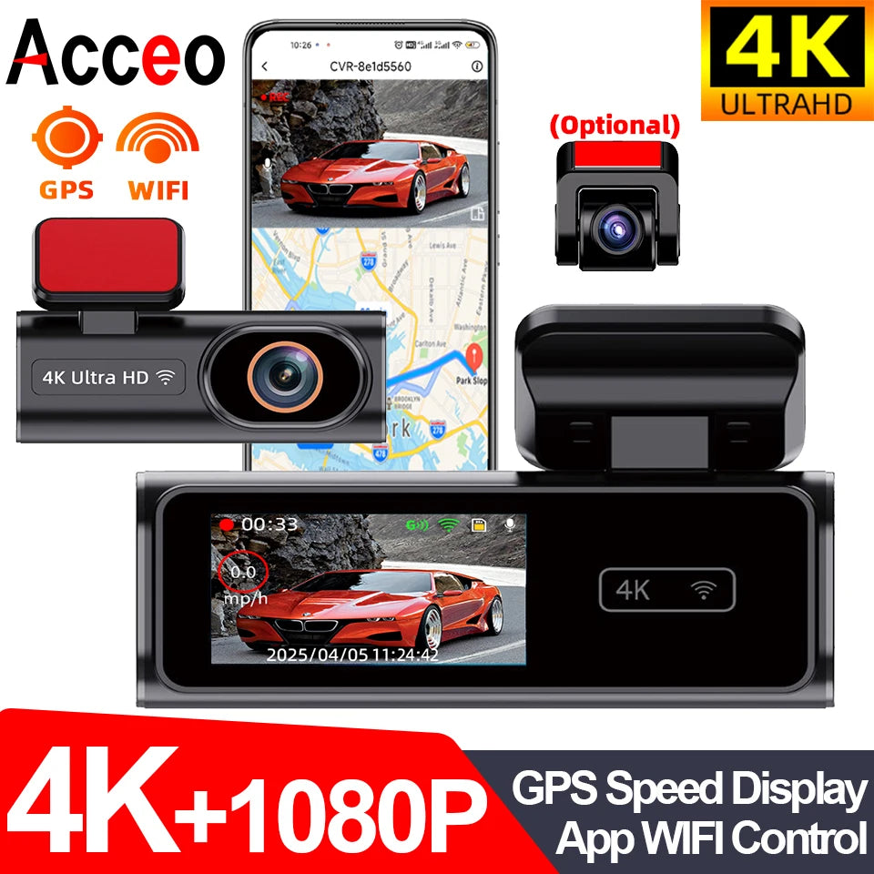 Ultra HD Dash Cam 4K Loop Recording 24H Parking Monitoring Optional 1080P Night Vision Rear Camera Supports WiFi APP Control