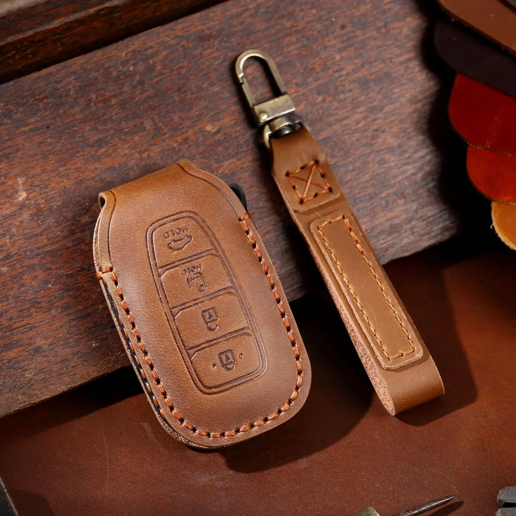 Leather car key fob cover case for Hyundai i30 Kona Elantra Santa Fe, black/blue/brown