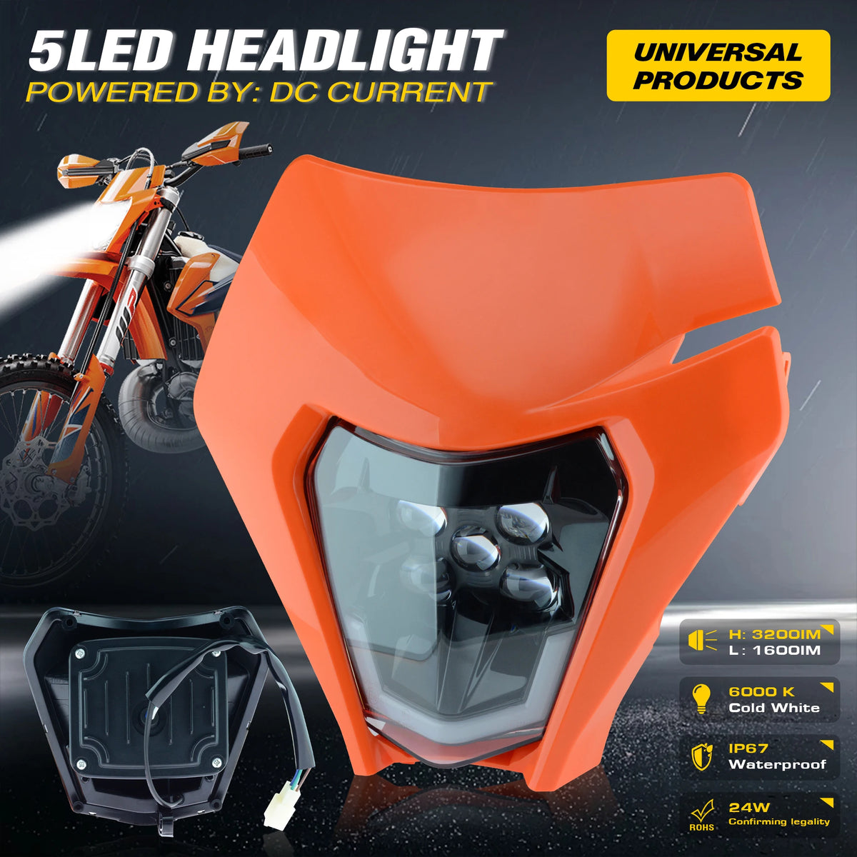 Powerzone Motorcycle LED Headlight Plate for KTM EXC XC SX MX XC 125 250 300 450 Supermoto Enduro Universal Dirt Bike Headlights