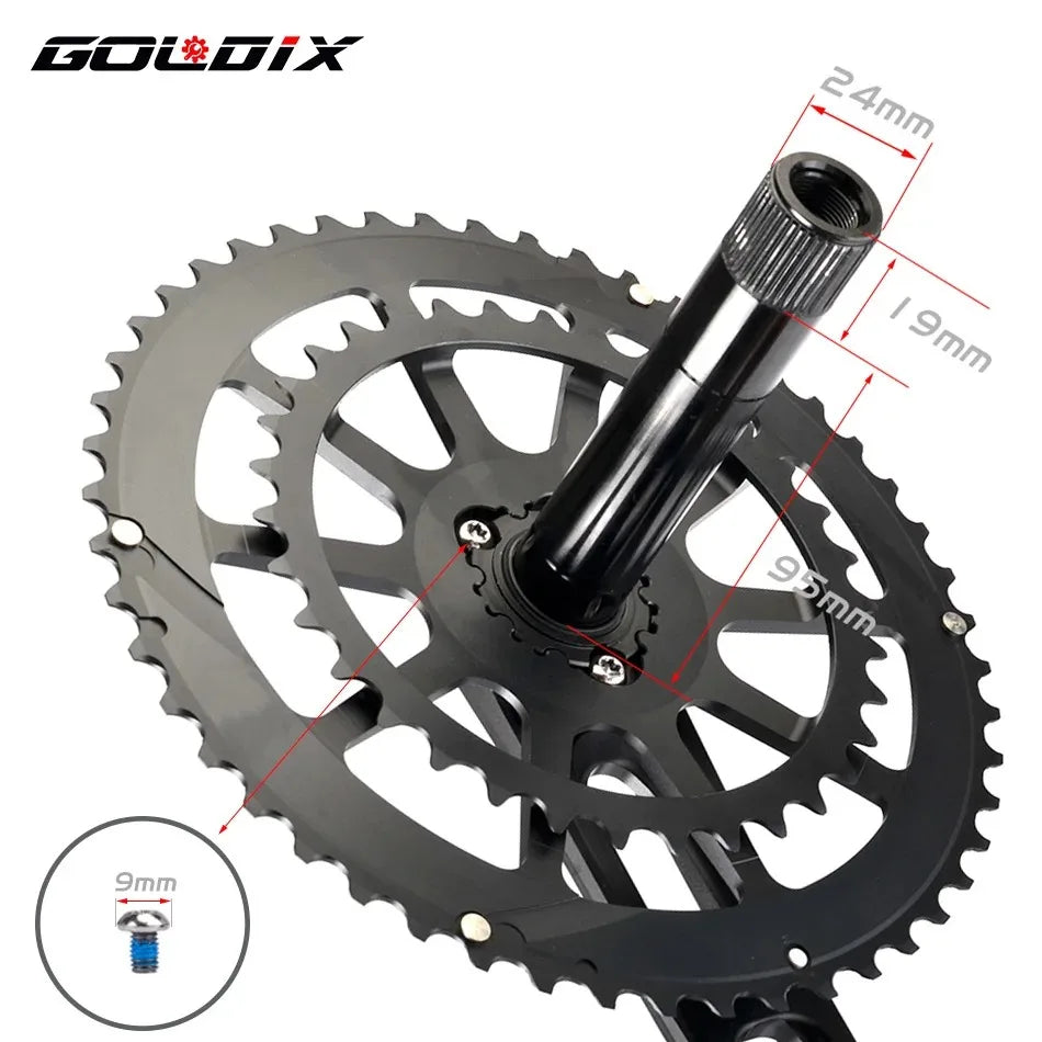 GOLDIX Ultralight Road Bike Crankset 50-34T/52-36T/53-39T for 3 Bolt Double Chainring 165/170/175mm Length Hollow Bicycle Crank