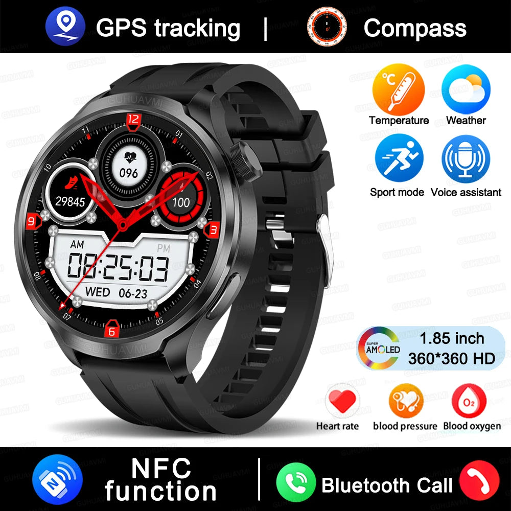 1.85" HD Big Screen Smart watch For men Sports NFC Watch Bluetooth Call Blood Pressure Temperature GPS Sport Track smart watch