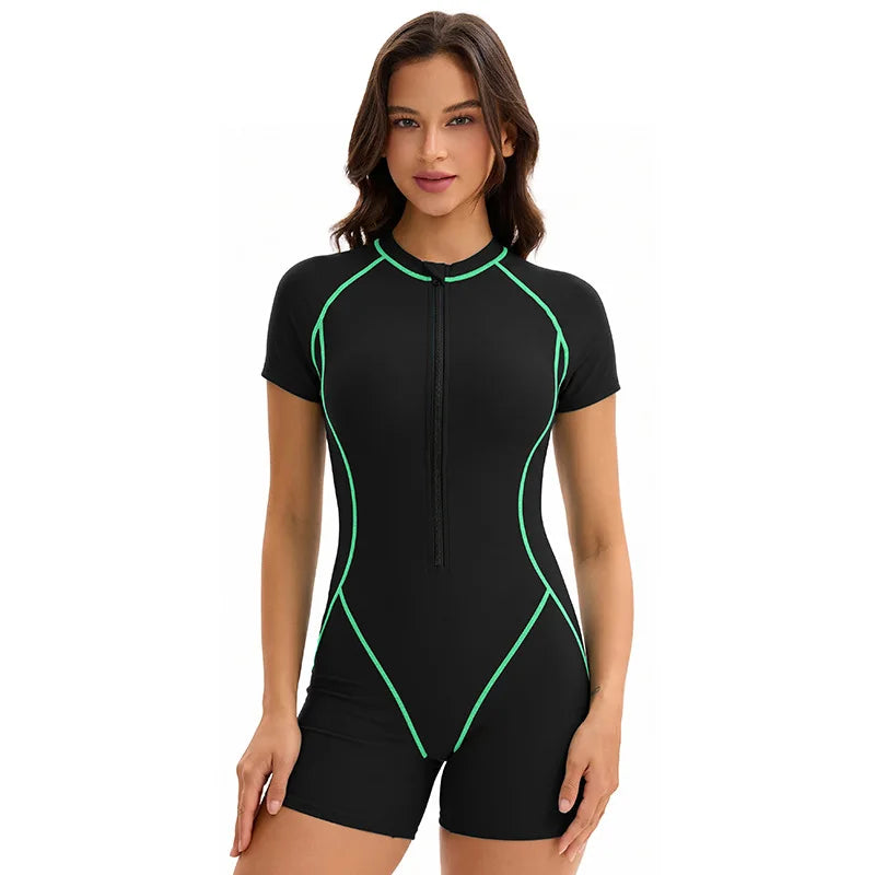 Women's One Piece Rash Guard Swimsuit with Zipper, Short Sleeve Surf Suit, S-XXL