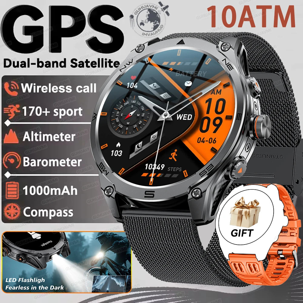 2026 New 1000mAh Big Battery Smart Watch Men Outdoor GPS Compass 10ATM Waterproof Bluetooth Call AMOLED HD Swim Sport Smartwatch
