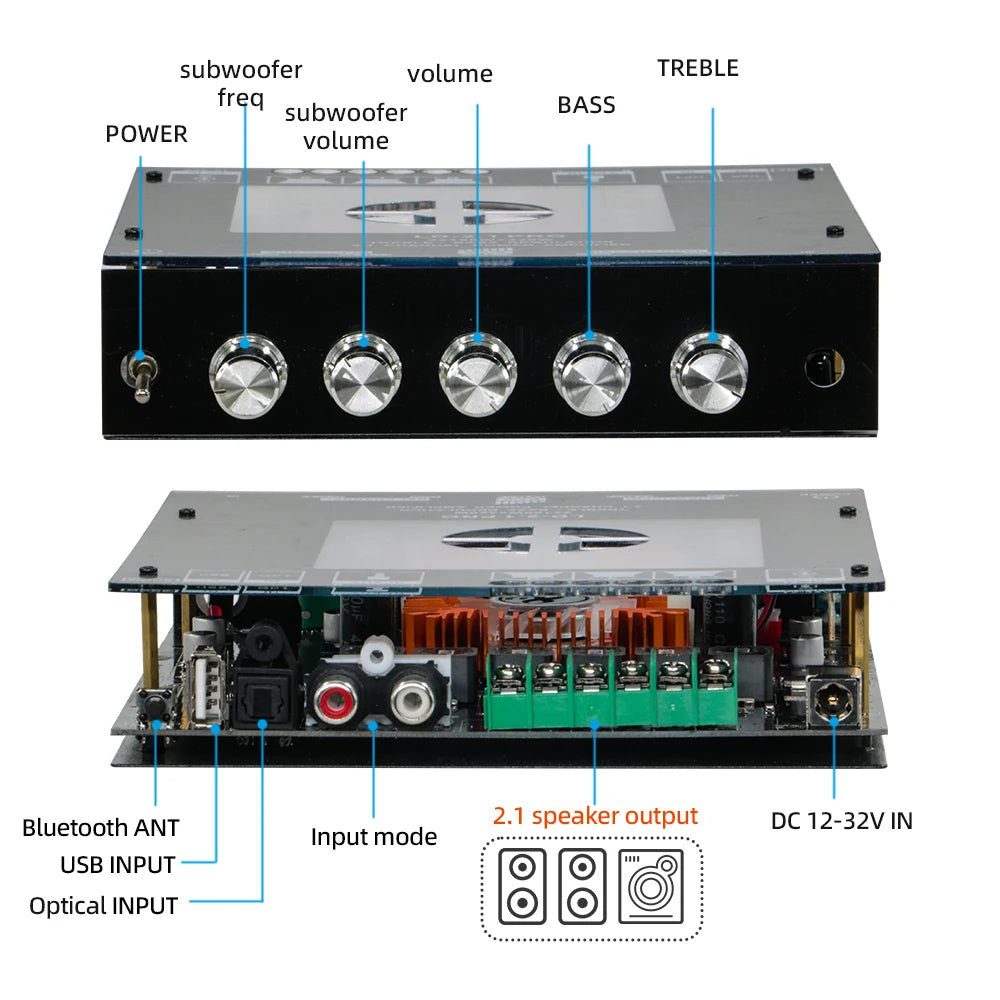 2.1 Channel Bluetooth Amplifier Board 320W with Bass/Treble Control, AUX, DC 12-32V