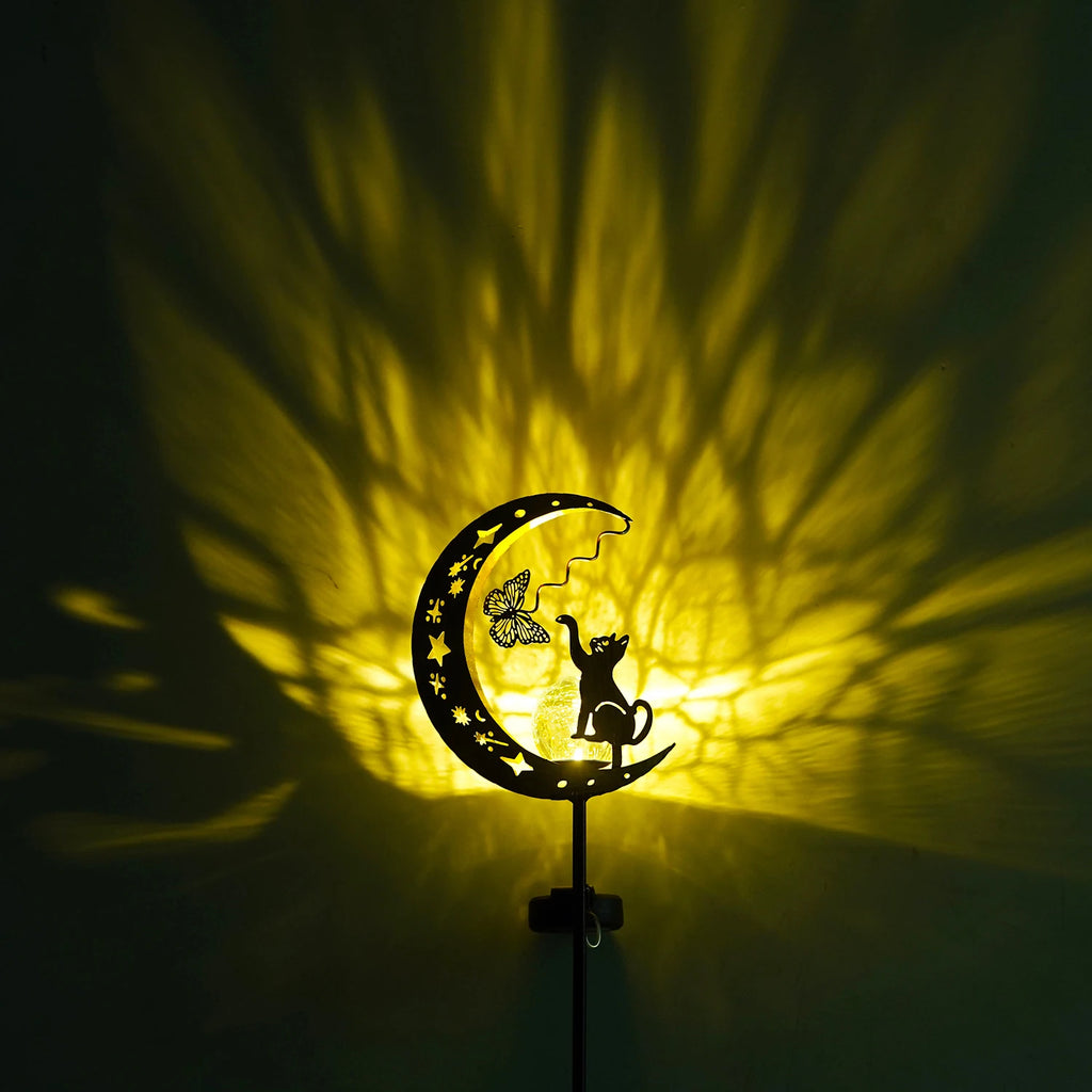 1pc Solar Lawn Light - Cat Paw & Butterfly Design with Moon & Stars, Outdoor Garden Decor Light, Iron Light for Yard, Party Gift