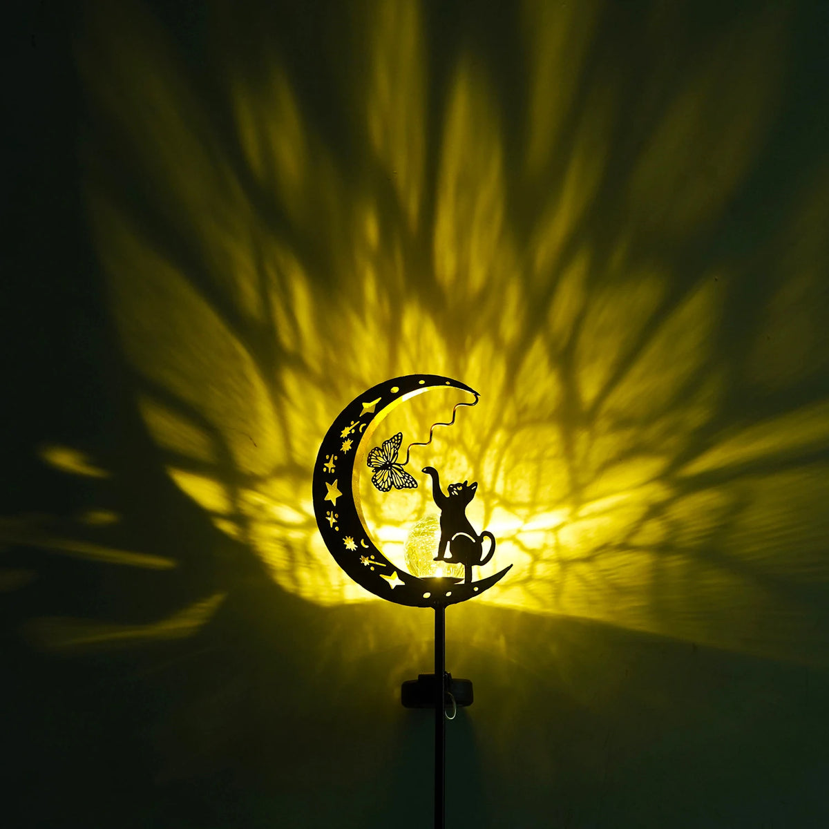 1pc Solar Lawn Light - Cat Paw & Butterfly Design with Moon & Stars, Outdoor Garden Decor Light, Iron Light for Yard, Party Gift