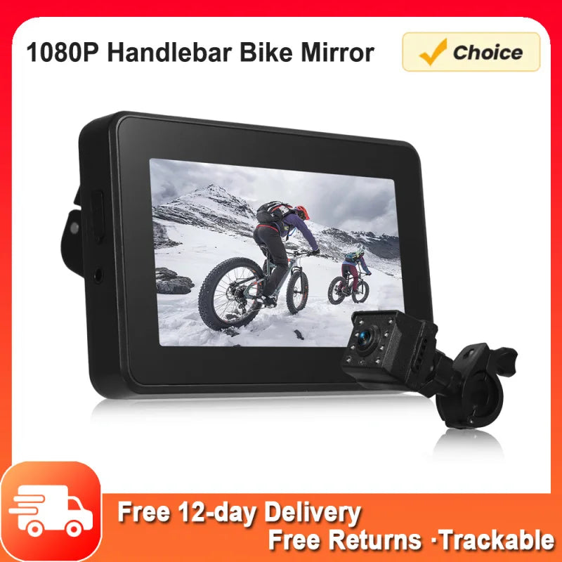 Handlebar Bike Mirror 1080P Bicycle Rear View Camera w/ 4.3'' Monitor 8-LED Night Vision 150° Wide Angle View Rotatable Bracket