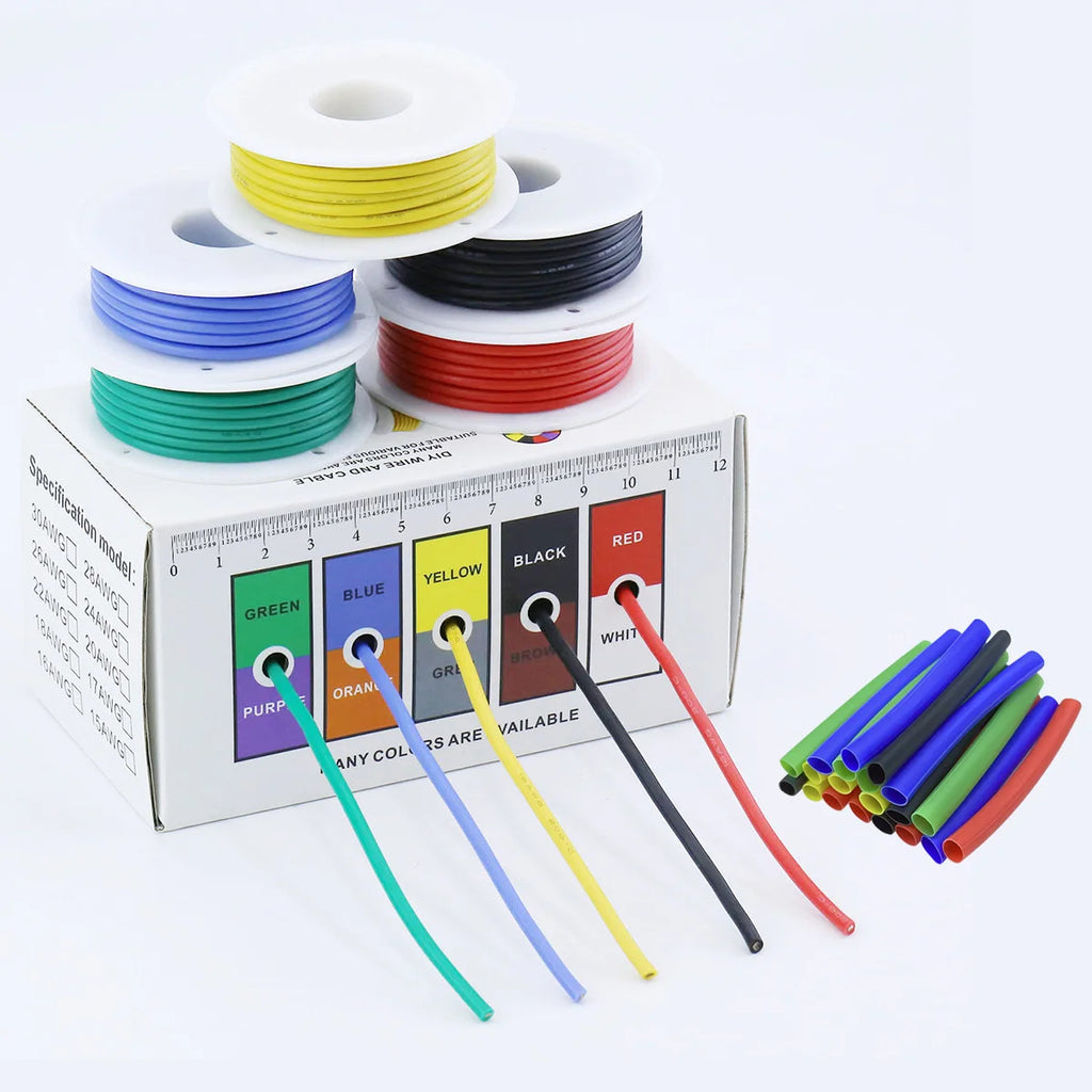 16/18/20/22/24/26/28 AWG Electric Wire with Heat Shrink Tubing,5 Colors Stranded Tinned Copper Flexible Silicone Hookup Wire Kit