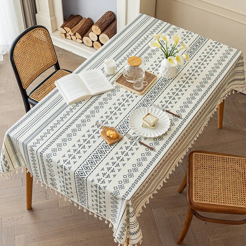 Waterproof and Oil Resistant Tablecloth Cotton and Linen Non Wash Fabric Ethnic Style Rectangular Tassel Homestay Tablecloth