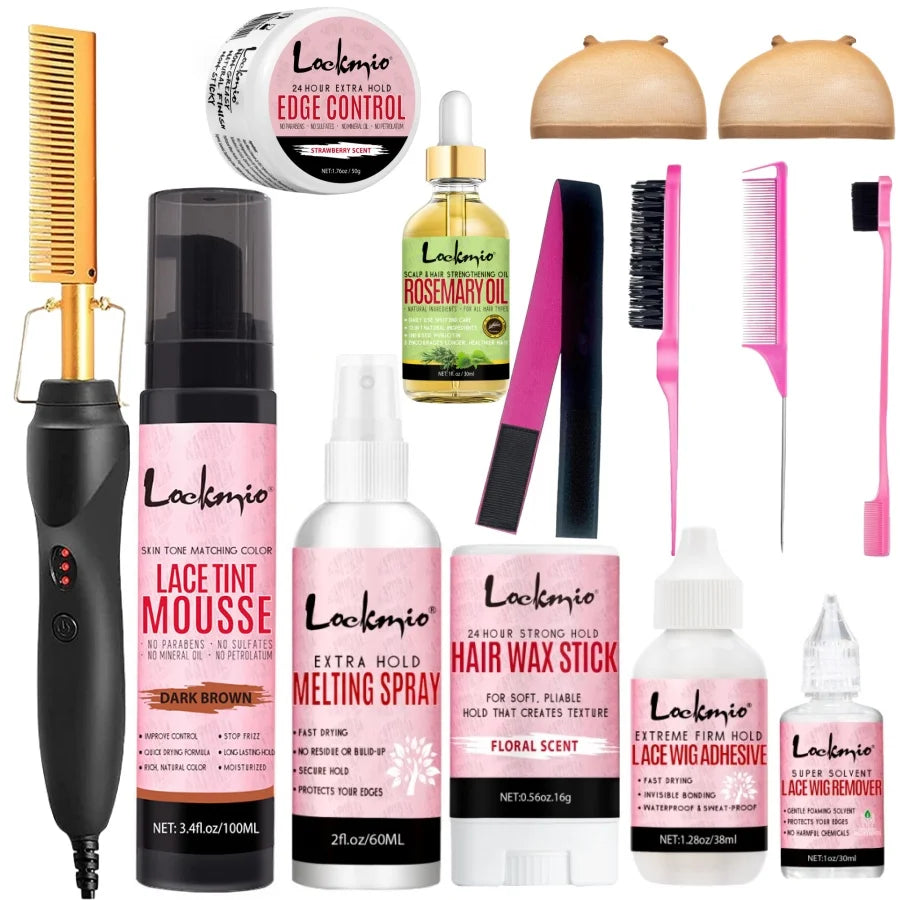 Lace Wig Install Kit with Hot Comb, Lace Tint Mousse, Strong Hold Wig Glue & Rosemary Oil