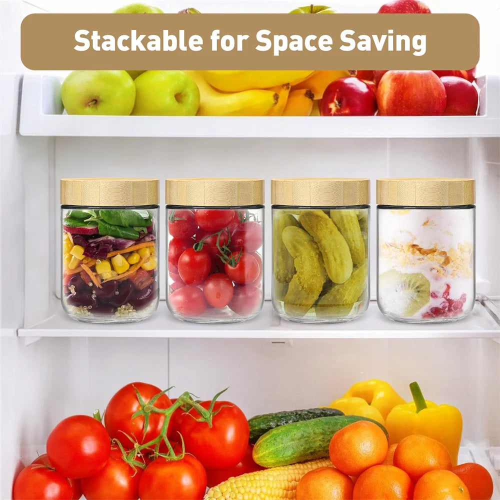4 pack 16oz Overnight Oats Containers with Bamboo Lids Glass Jars with Airtight Lids for Meal Prep Wide Mouth Mason Salad Jars