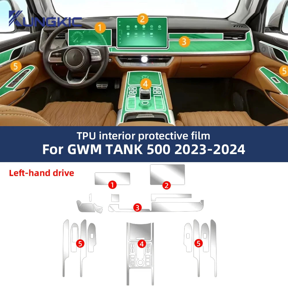 For GWM TANK 500 2023 2024 TPU Protective Film Clear Car Interior Center Console Gear Panel Transparent Anti-scratch Accessories