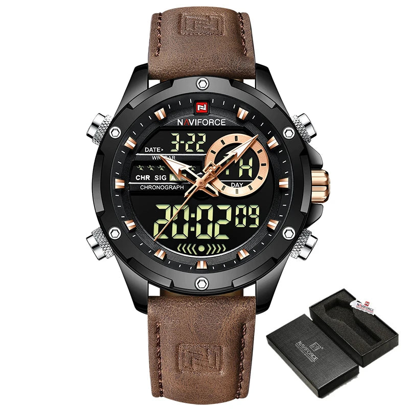 NAVIFORCE Men's Digital Quartz Sport Watch LED Waterproof Wristwatch, Gold Black