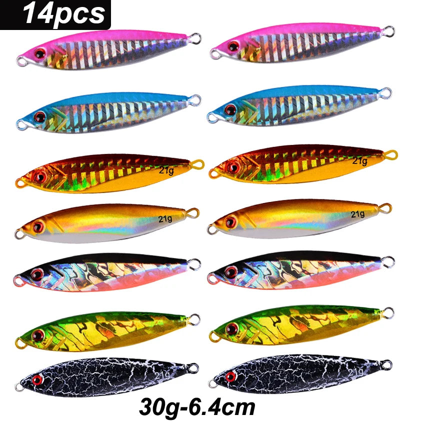 14Pcs Metal Jig VIB Fishing Lure 14G 21G 30G Sinking Lures Sea Jigs Spoon Winter Fishing Good For Fishing Jigging Hard Ice Bait