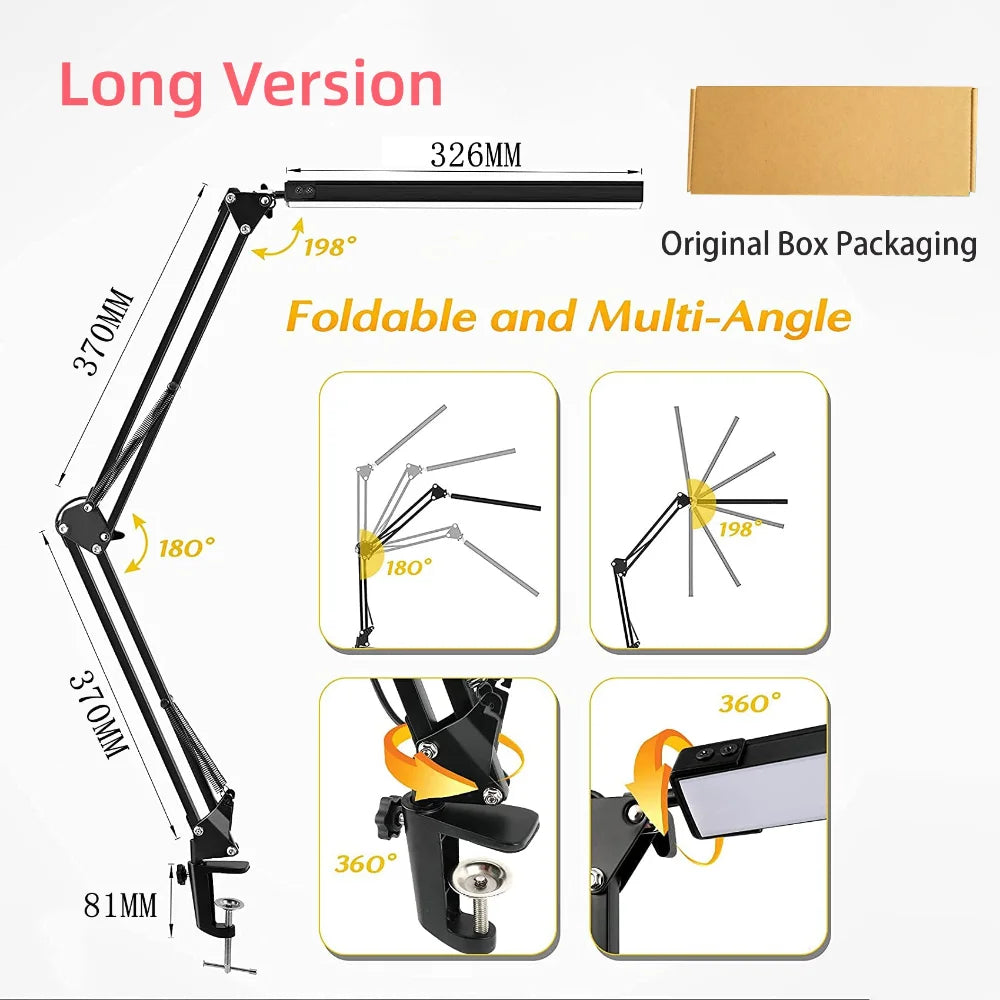 10W LED Desk Lamp with Clamp Swing Arm Eye-Caring Dimmable Desk Light 10 Brightness Levels 3 Modes USB Charging