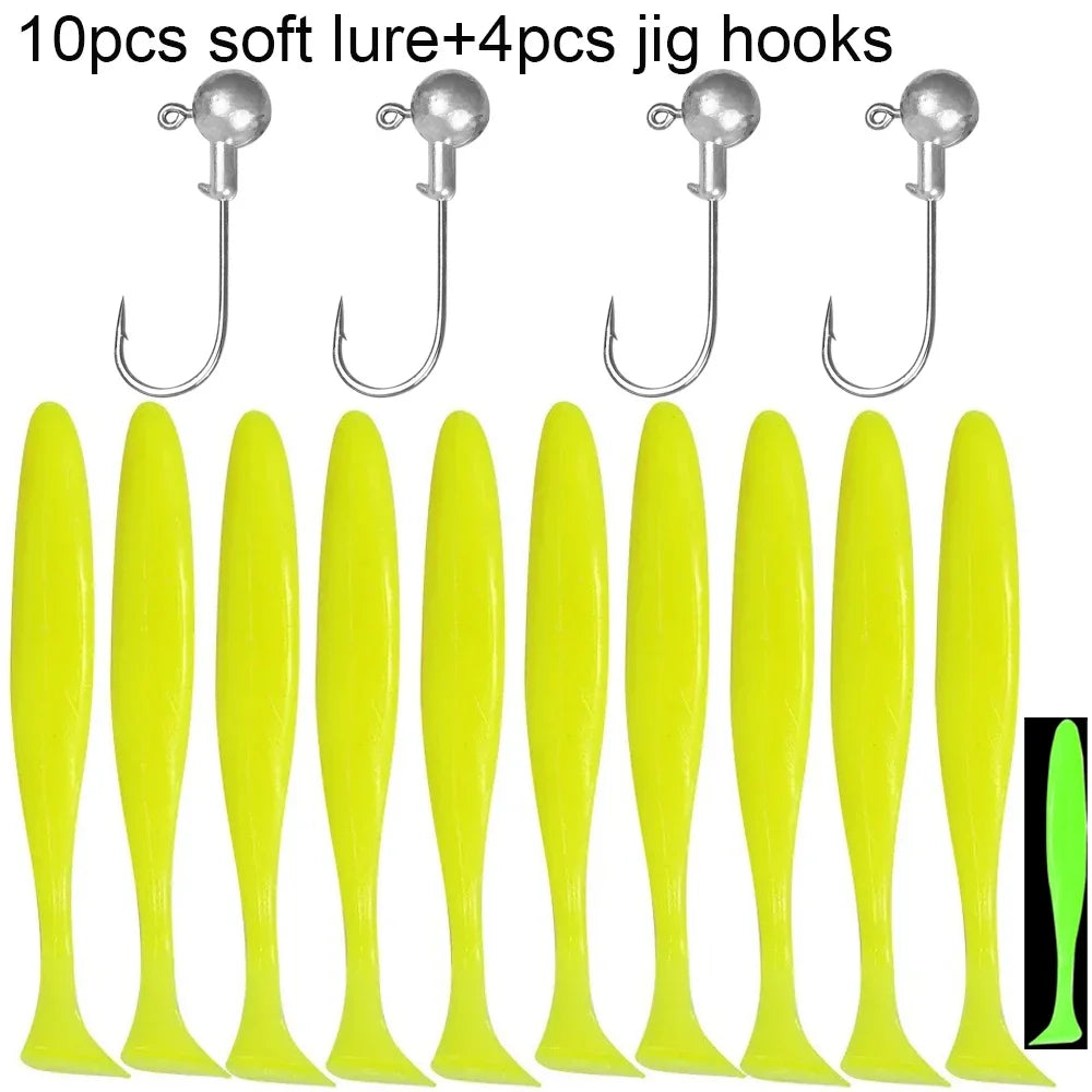 14PCS Gear Kit 10PCS Soft Lure 5.5cm 7cm 10cm T Tail Worm 4PCS Jigging Head Hook 3g 5g 10g Metal Jig Fishing Pesca Swimbait Bait