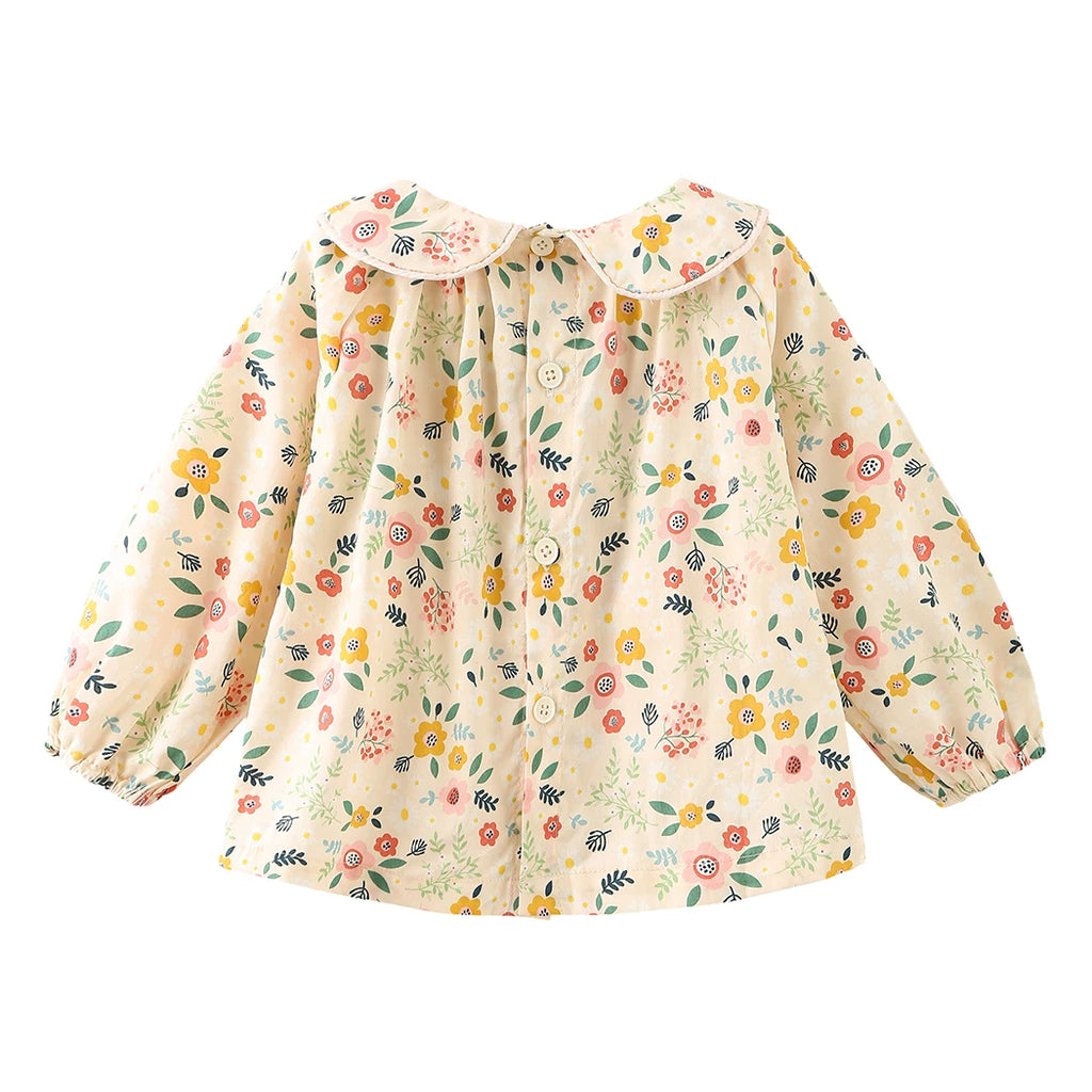 Baby Girls Floral Long Sleeve Cotton Blouse with Peter Pan Collar, Beige/Light Yellow