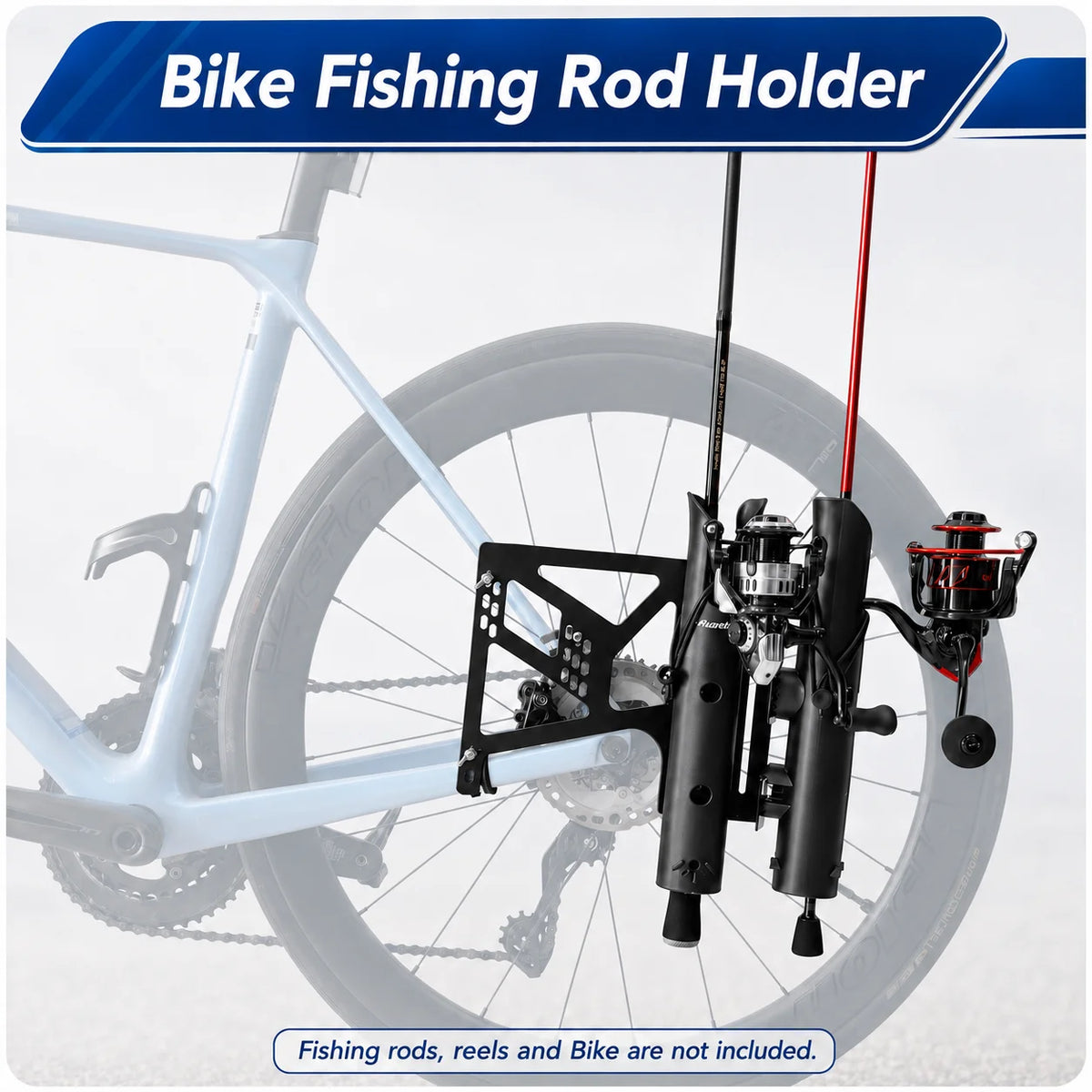Bicycle Fishing Rod Holder Mount Rack, 2 ABS Holders, Iron Plate, Adjustable Clamp Straps