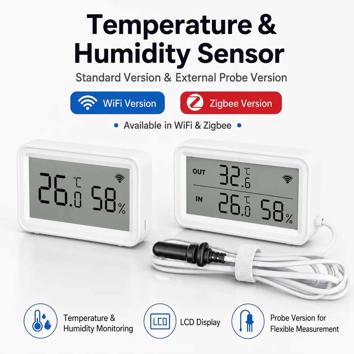 Tuya Smart WiFi Zigbee Temp Humidity Sensor 2.36"LCD External Temperature Probe Fridge Fish Tank Work With Google Home Yandex