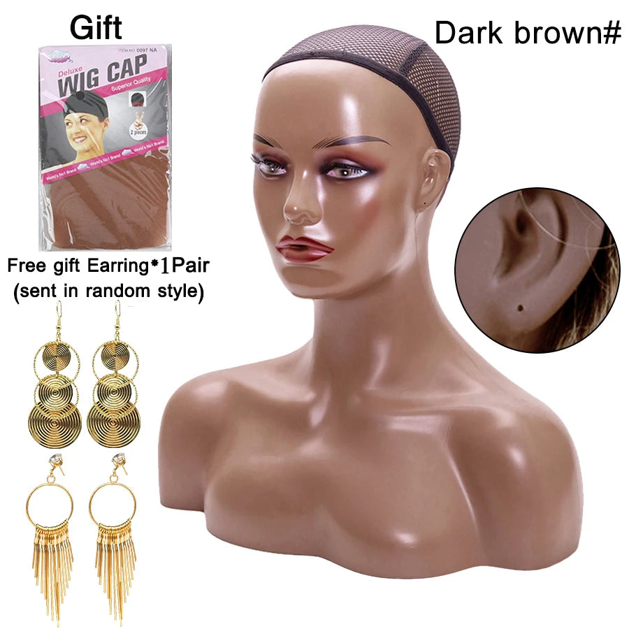 Female Mannequin Head With Shoulder Manikin Head Bust Wig Head Stand With Makeup For Wigs Display Necklace Free Earrings,Wig Cap