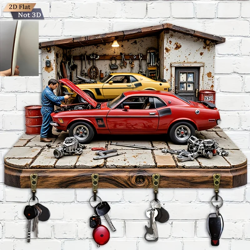 Automobile Repair Theme 2D Wooden Key Rack Multi-functional Metal Hook Wall Decora Organizer for Home Room Moving Creative Gift