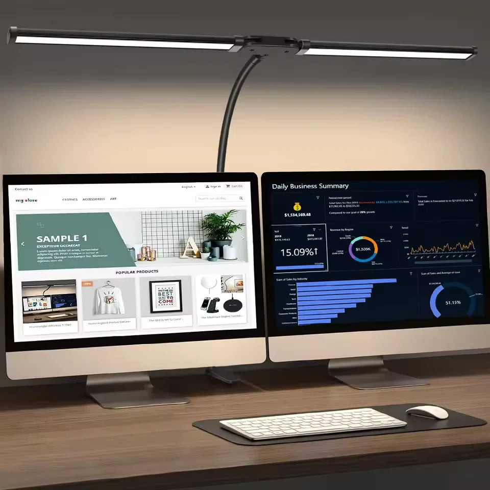 Home Office LED Desk Lamp Double Head Stepless Dimming Eye-Caring Reading Lights 3 Color Mode Flexible Adjustable PC Table Lamps