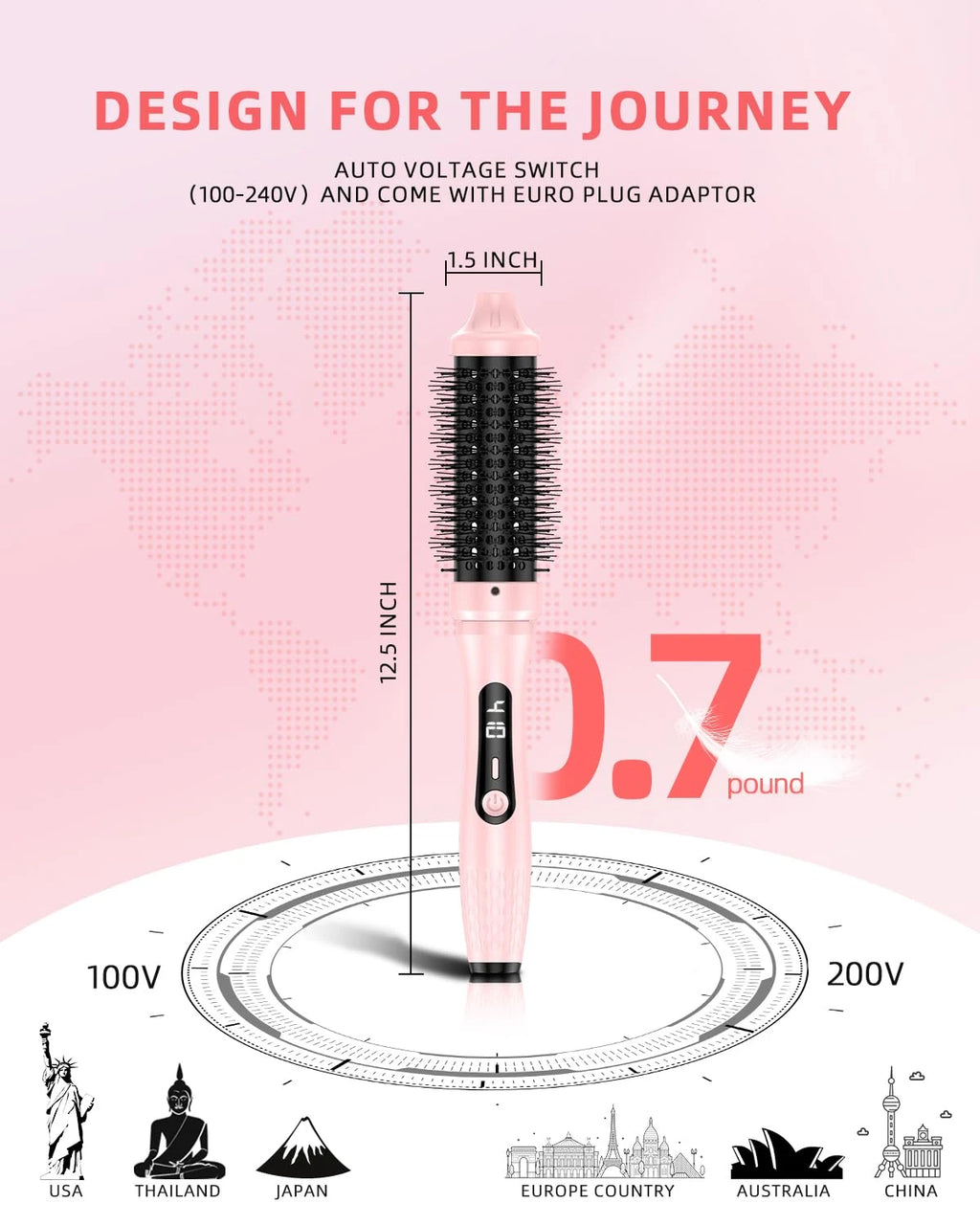 Infrared Hair Curler Comb 1.5inch Heated Round Brush for Curling and Straightening Dual Voltage for Travel Using