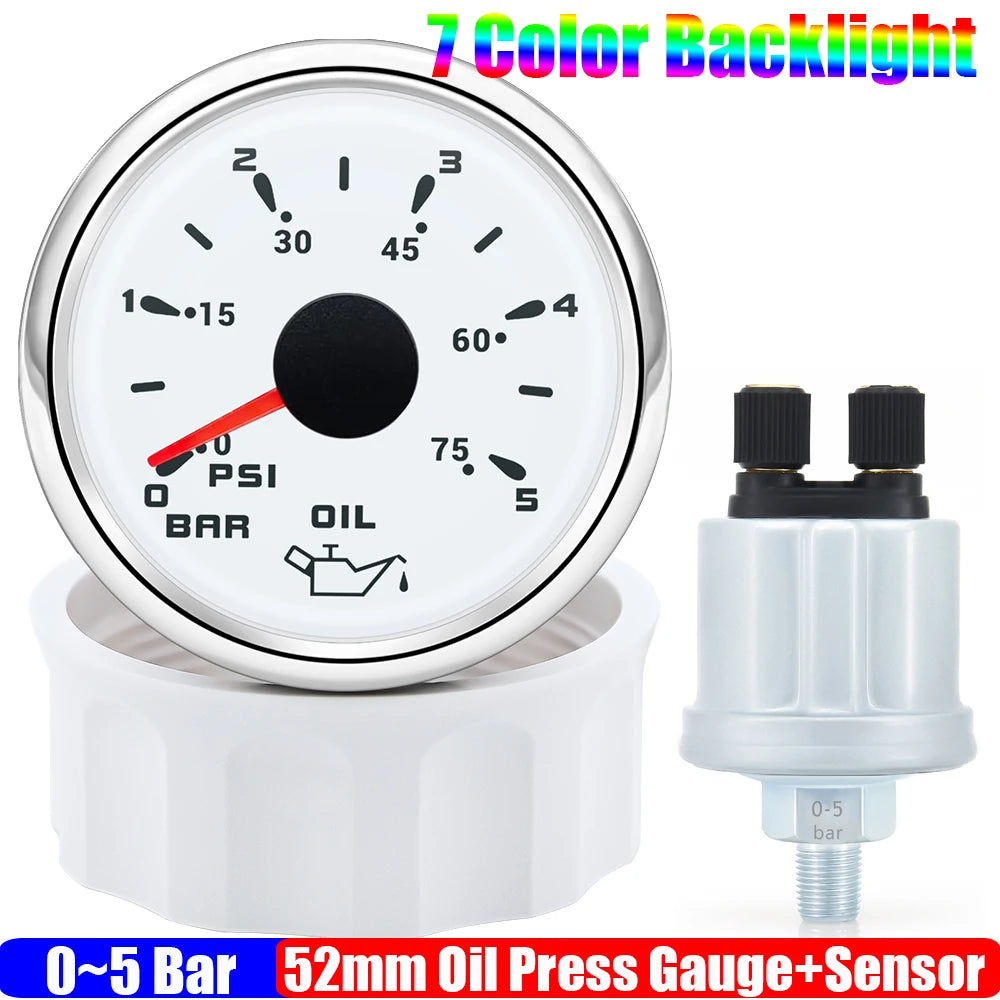 Custom Auto Car 52mm Oil Pressure Gauge+Sensor 7 Color Backlight 0~5Bar 0-10Bar Oil Press Meter with Sensor Marine Boat 12V24V