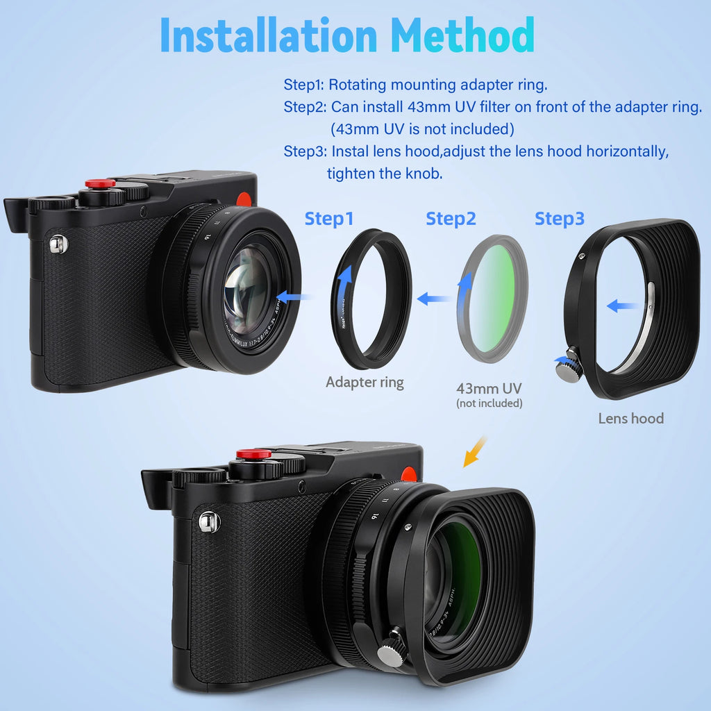 Haoge 39/43/46/49/52mm Square Metal Lens Hood for Fujifilm Leica Canon Nikon Sony Olympus Panasonic Zeiss Voigtlander Lens