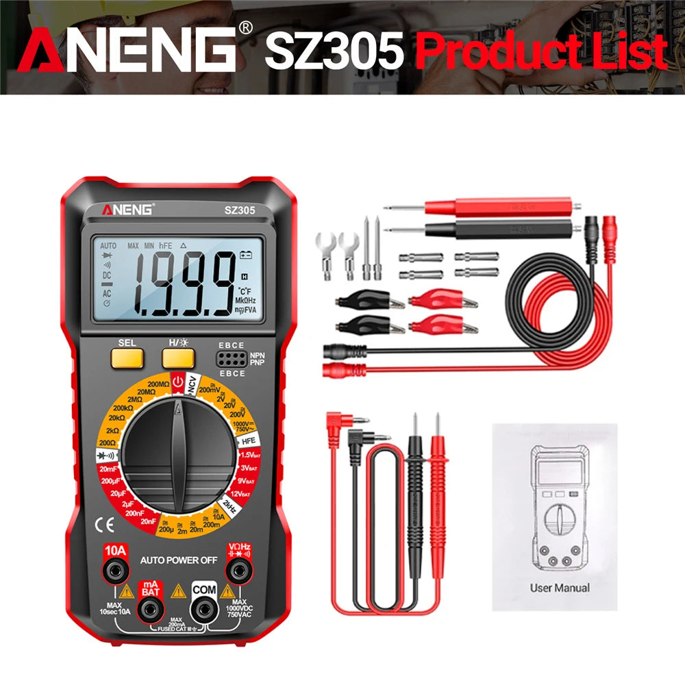 ANENG Multifunction Digital Multimeter AC/DC Voltage Current Capacitance NCV Induction Resistance hFE Triode Buzzer Hz Test Tool
