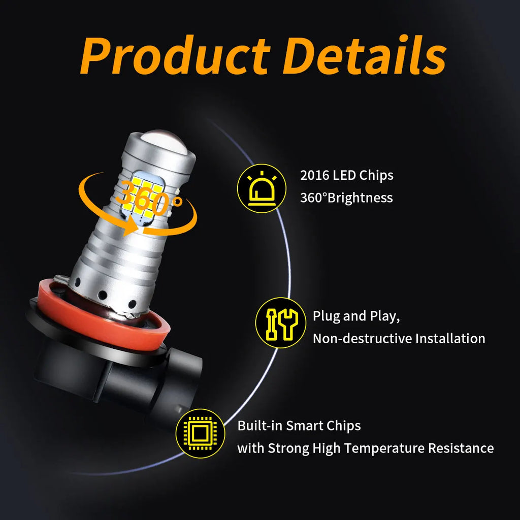 Big Power LED Lens Fog Lights Bulbs 2016LEDs 60SMD H11 H8 H9 H16EU 6000K White 9-48V 12V/24V Plug & Play for Car Fog Head Lights