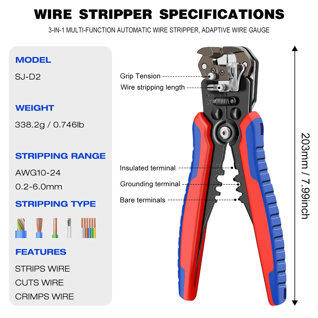 SJ-D2 3IN1 Wire Stripper Tools Multitool Pliers Automatic Stripping Cutter Crimping Cable Wire Electrician Repair Hand Tools