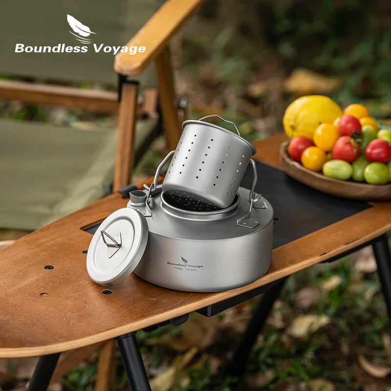 Boundless Voyage Camping Titanium Teapot with Folding Handle Single-layer Kettle Durable Bushcraft Gear Open Fire Kettle Ti3104D