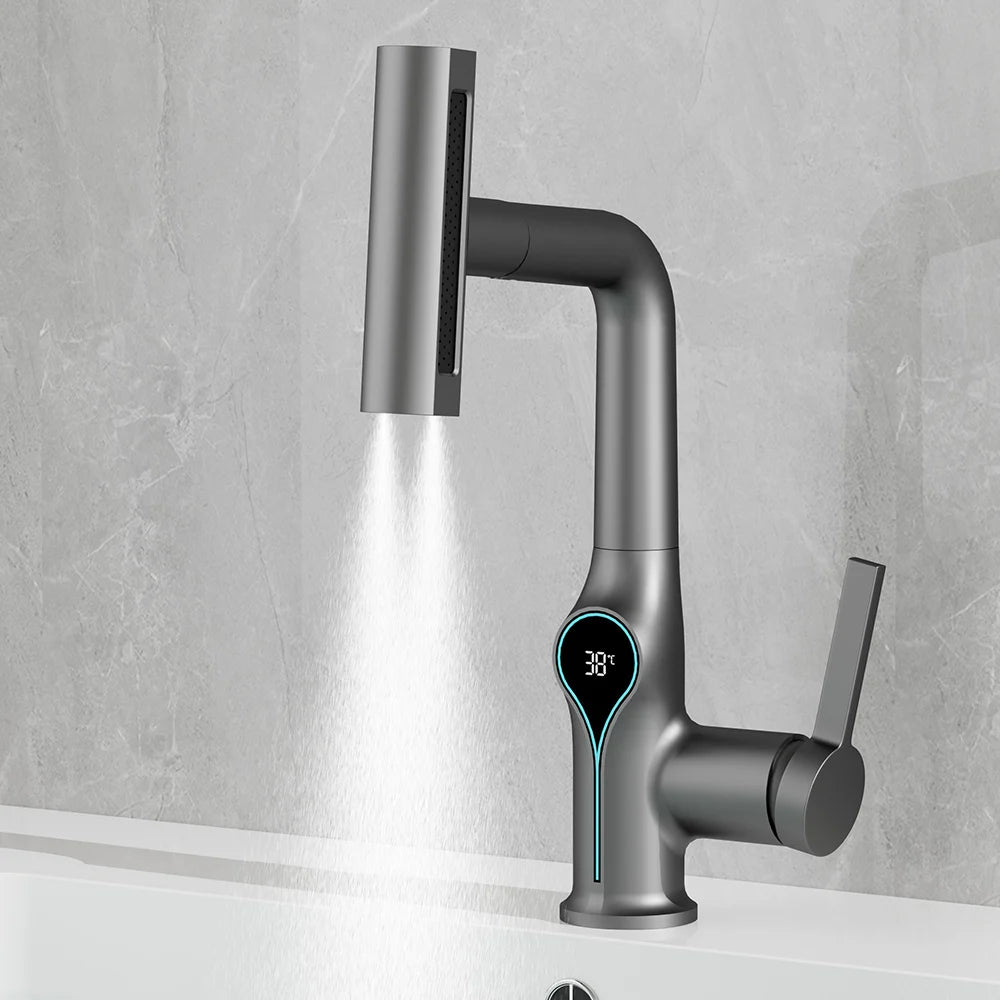 Waterfall Temperature Digital Display Basin Faucet Lift Up Down Stream Sprayer Hot Cold Water Sink Mixer Wash Tap For Bathroom