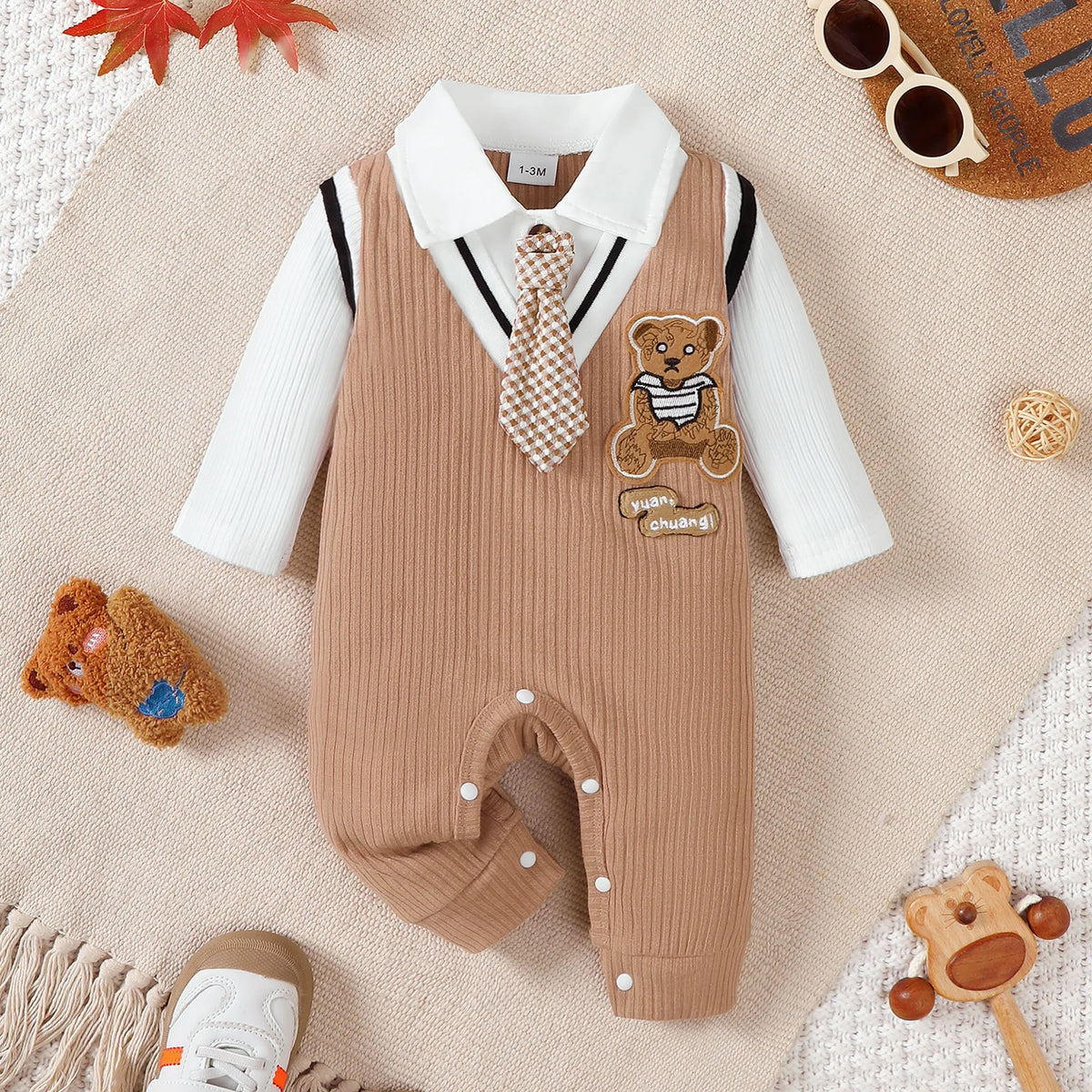 Baby Boy Gentleman Teddy Bear Jumpsuit Romper, Long Sleeve, 1-18 Months, 1pc