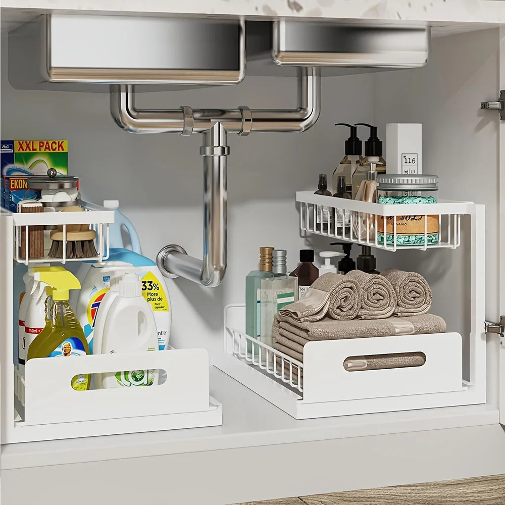 2-Tier Sliding Under Sink Organizer - Rustproof Metal Storage for Kitchen & Bathroom Cabinets,Ideal for Cleaning Supplies