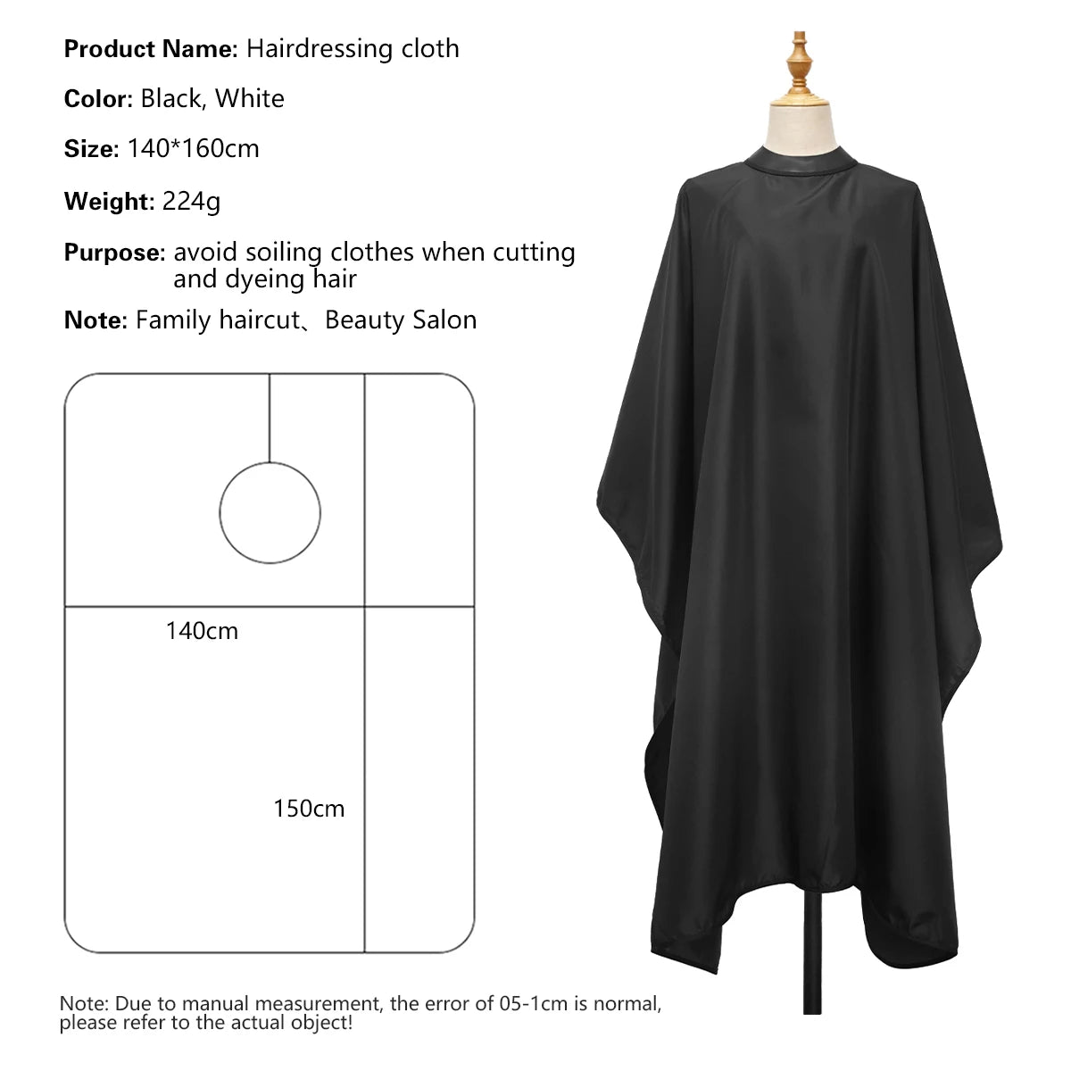 Barber Hair Cutting Cape with Silicone Neck Collar, Black or White Salon Hairdressing Gown