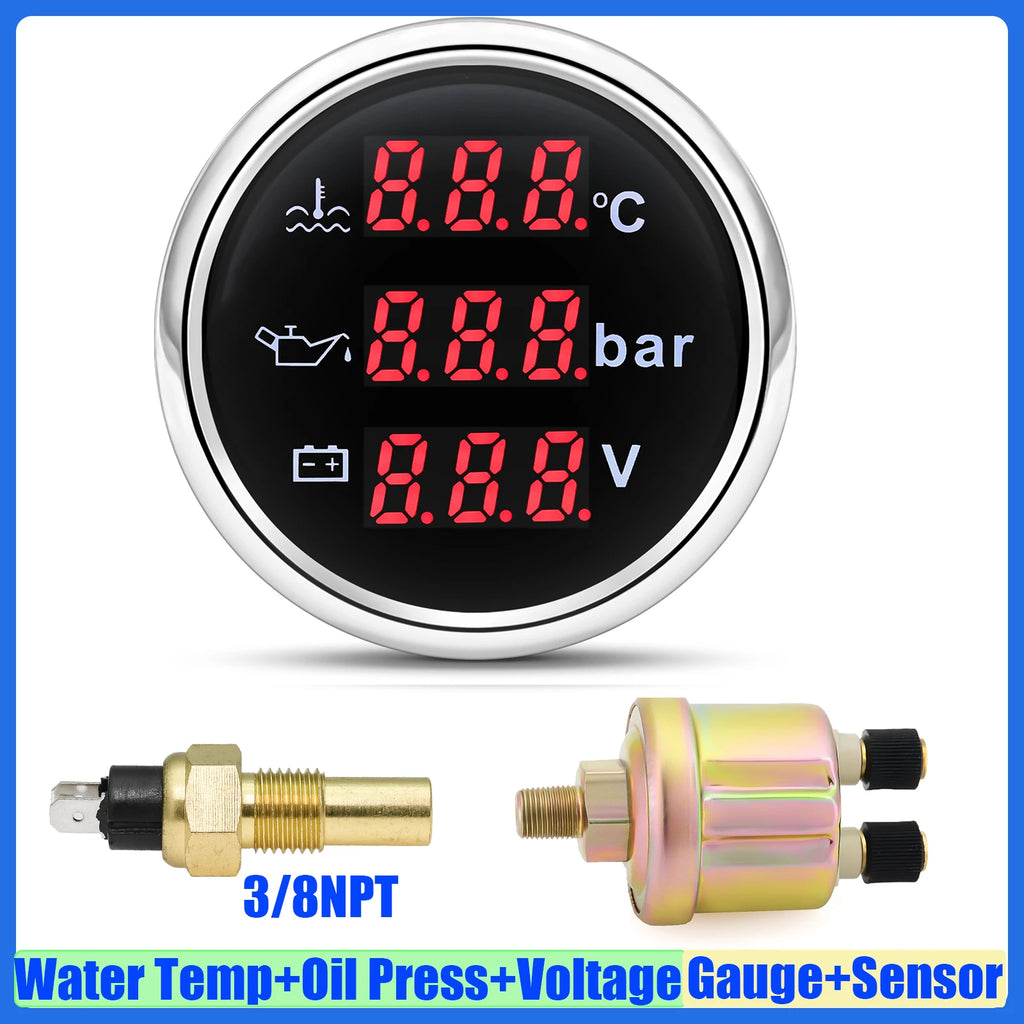 Auto Car 3 IN 1 52mm Gauge Water Temperature+Oil Pressure+Volt with Alarm Red LED Digital Water Temp Gauge+Sensor 12V24V Custom