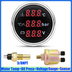 Auto Car 3 IN 1 52mm Gauge Water Temperature+Oil Pressure+Volt with Alarm Red LED Digital Water Temp Gauge+Sensor 12V24V Custom