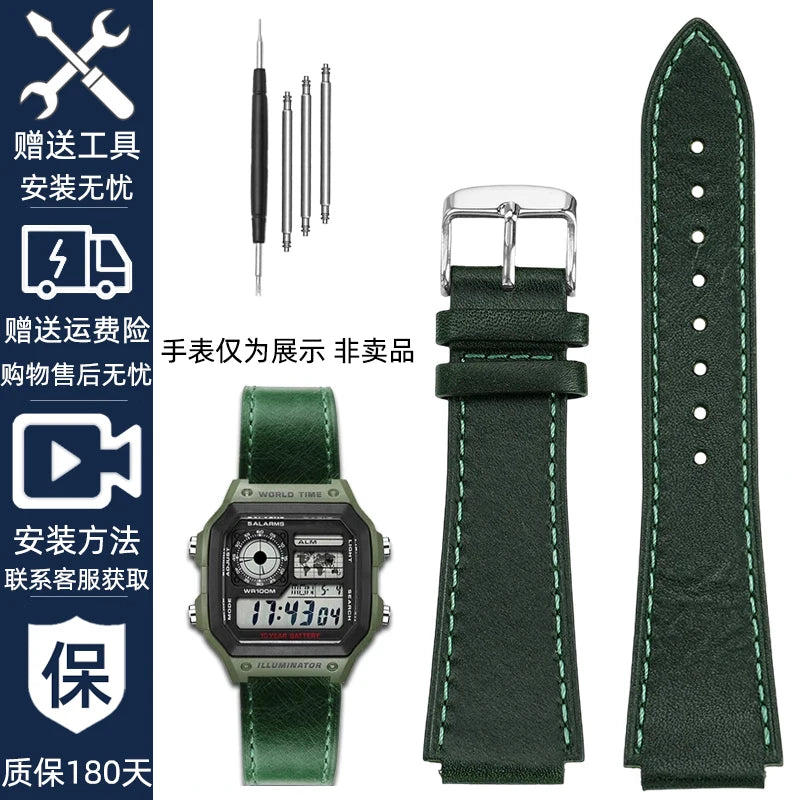 Retro Genuine Leather Watchband For Casio AE1200 AE1300 A158W/A168 W-216H Vintage Watch Strap convex mouth Men's Bracelet 18MM