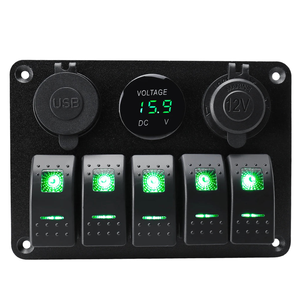 5 sets of rocker switch panels, 12-24V, with dual USB socket 4.2A+voltmeter LED light and cigarette lighter.