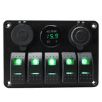 5 sets of rocker switch panels, 12-24V, with dual USB socket 4.2A+voltmeter LED light and cigarette lighter.