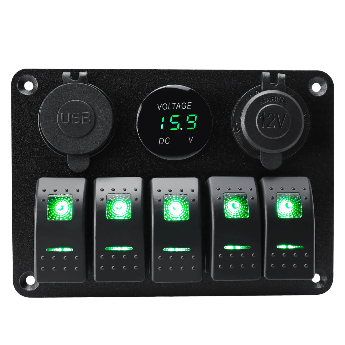 5 sets of rocker switch panels, 12-24V, with dual USB socket 4.2A+voltmeter LED light and cigarette lighter.